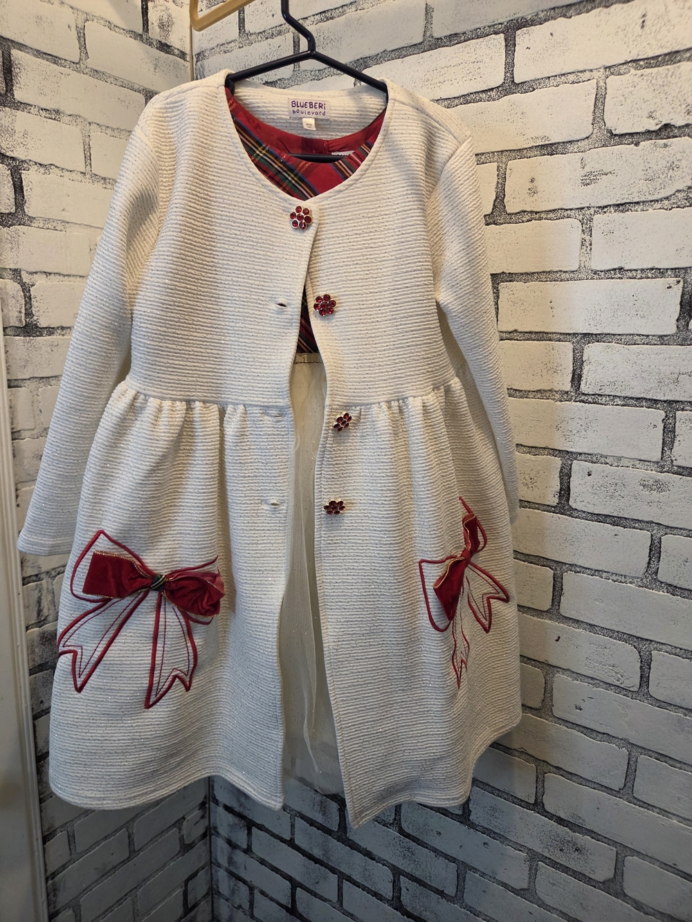 Blueberi Boulevard Girls' Cream Coat And Dress Combo with Red Bow Accents